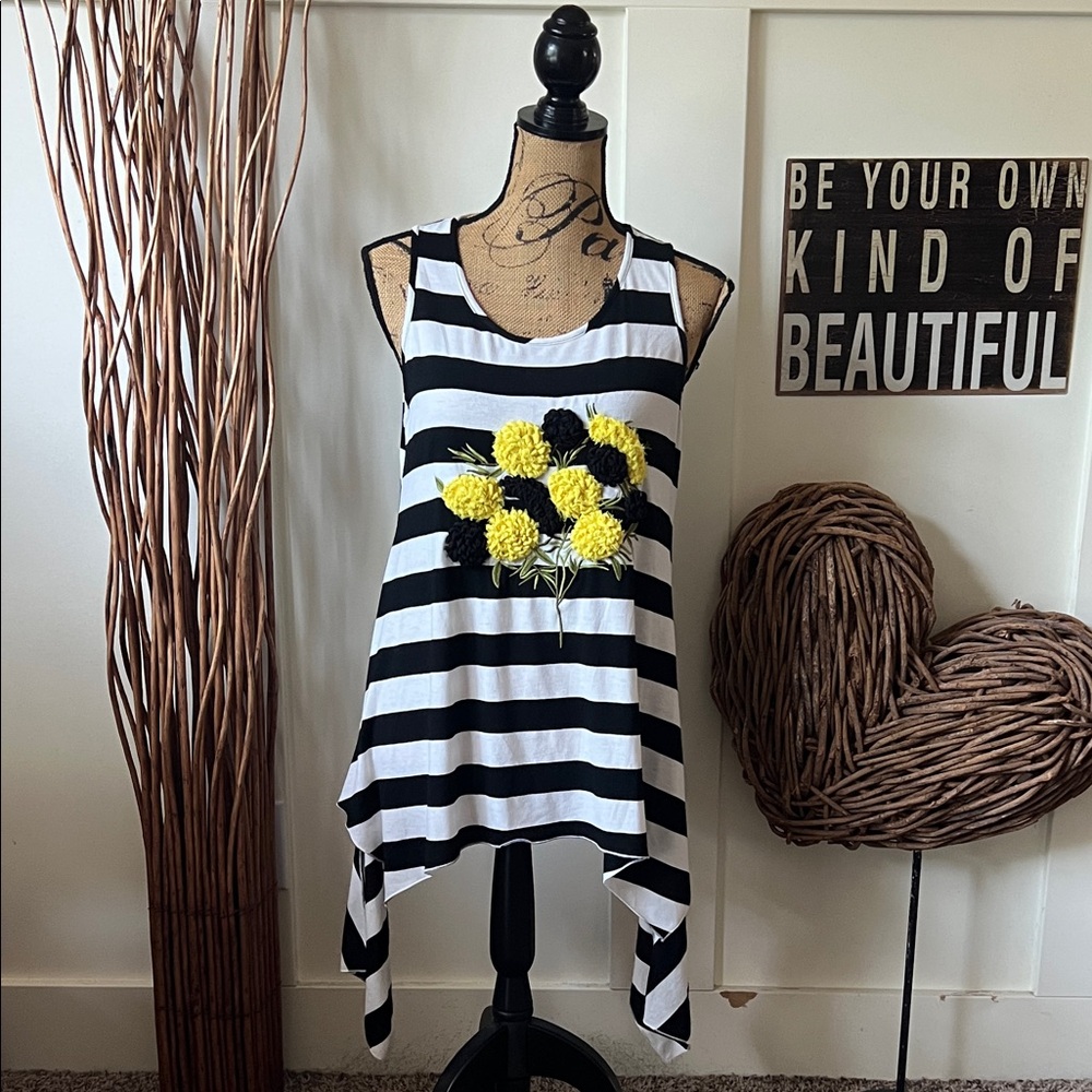 Christina Black and White Striped Tank with Yellow Floral Design